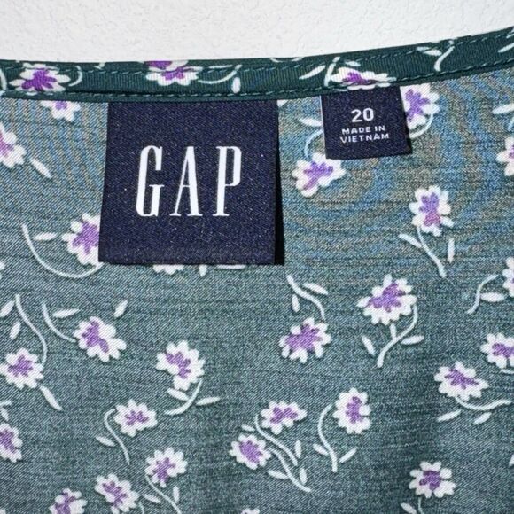 Gap Dress Womens Sz 20 Green Floral Long Sleeve Satin Puff Sleeve Midi V Neck - Picture 5 of 12